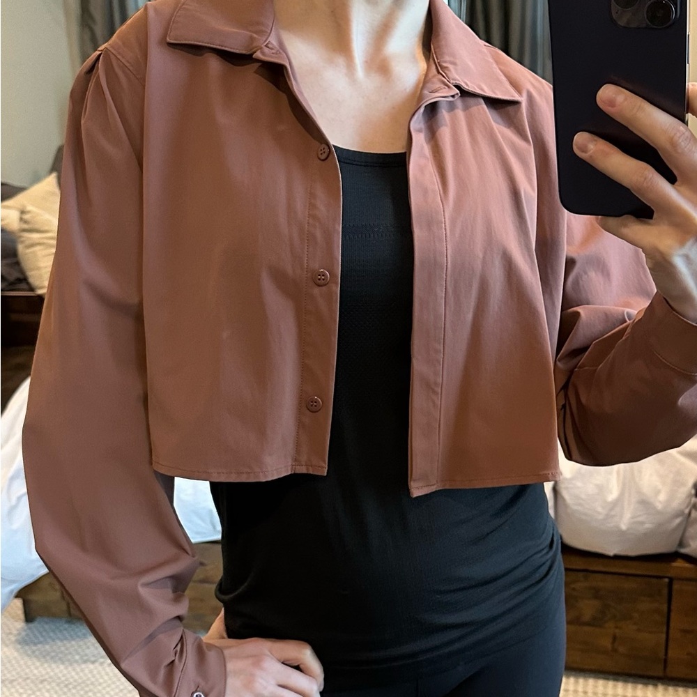 Alo Yoga Cropped Take Me Out Button-Up in Chestnut - Picture 4 of 7